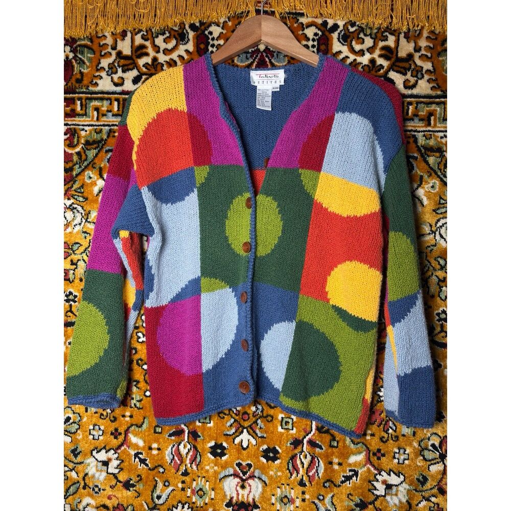 Vintage Talbots 100% Cotton Whimsical Colorful Patterned Cardigan Sweater sz XS